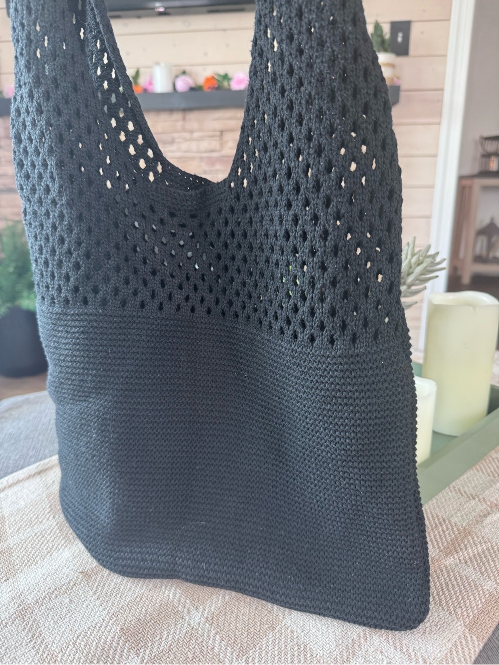 Hand-Knit Black Crochet Tote Bag